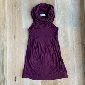 Fighting Eel eggplant sleeveless dress with shawl style neckline.